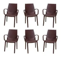 Comprar Sillas de jardín Más que Sillas simil rattan plasticas reforzadas apilables MELODI color chocolate con apoyabrazos - pack de 6 unidades