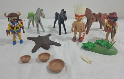 Lote Playmobil Indios Caballos Pasto Piel Oso G40