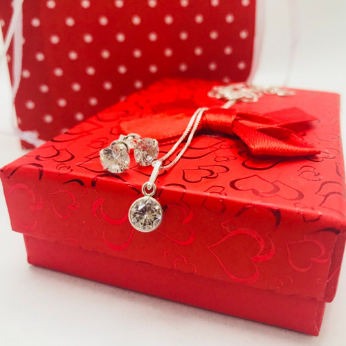 Conjunto Colar Pingente Brinco Prata 925 Ponto Luz 6mm Lindo
