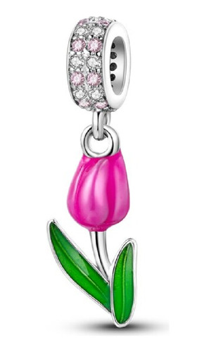 Charm Flor Tulipán Rosa En Plata 925 Silver Heart