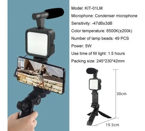 Kit De Grabación Con Micrófono Luz Led Y Soporte Tripode Color Negro