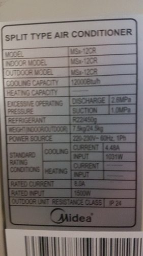 Imagen 3 de 3 de Mini Split Midea De 12.000btu En 220v R410a Modelo Msx12cr