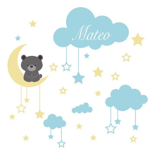 Vinilo Decorativo Oso Nubes Estrellas Azul Incluye Nombre Sí