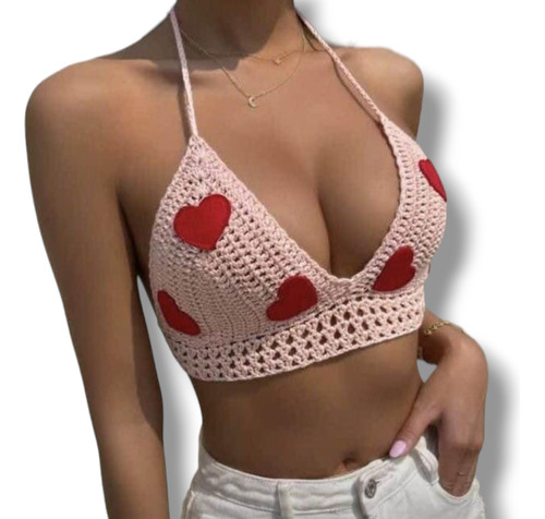 Crop Top Tejido En Crochet Con Corazones 