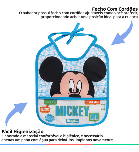 Babador Bebê Com Bolso Pega Migalhas Azul Mickey Baby Go Mickey Mouse