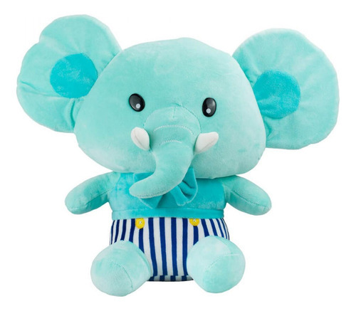 Elefante De Pelúcia Verde Orelhudo Sentado 34 Cm Cor Azul