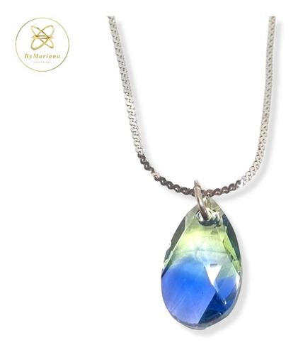 Imagen 3 de 7 de Cadena Plata Con Dije Gota Cristal Swa Azul/verde 10 X 16mm