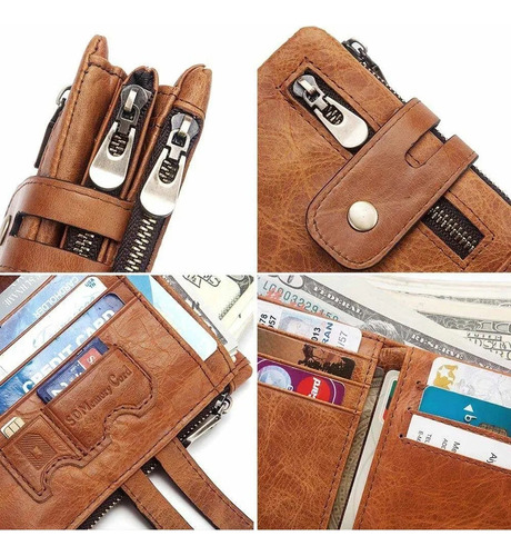 Cartera De Cuero Genuino Para Hombre Con Cadena Antirrobo