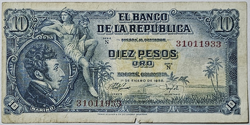 Billete 10 Pesos 01/ene/1958 Colombia Vf