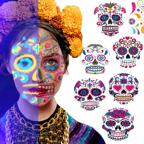 Tatuajes Catrina Catrin Fosforescente Muertos Disfraz 6pzas