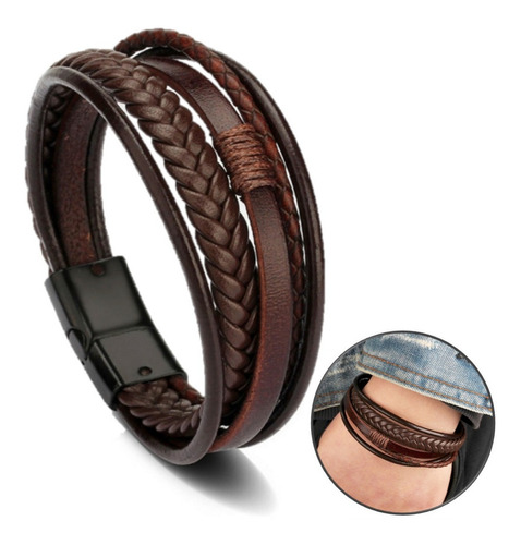 Pulseira Masculina Executiva Tiras Tribal Couro Fecho De Imã