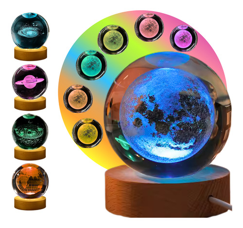 Esfera Cristal 3d Multicolor Led Base Madera Lámpara Noche Marrón Luna