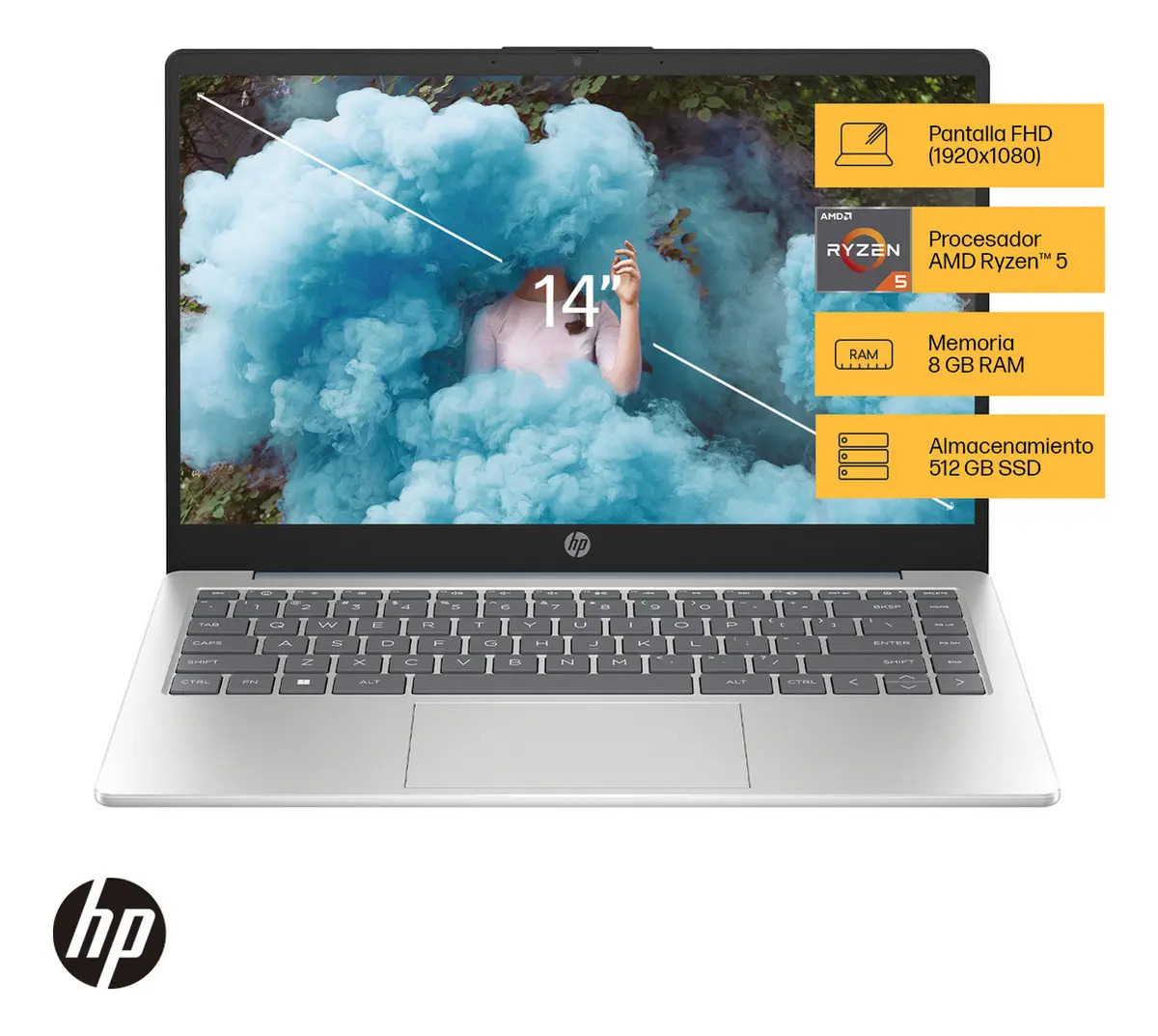 Laptop HP 14-em0017la, 14", AMD Ryzen™ 5, 8GB RAM, 512GB SSD, FHD, Windows 11 Home Single Language