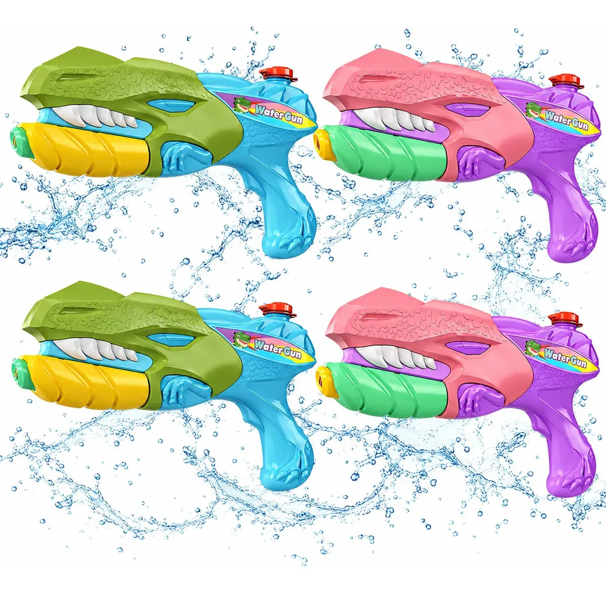 Rovtop 4pzs Pistolas De Agua Dinosaurio T-Rex 450ml Lanzadores De Agua Para Niños y Adultos, Juguete De Verano Largo Alcance Para Playa, Piscina, Jardín y Fiestas, Azul y Morado