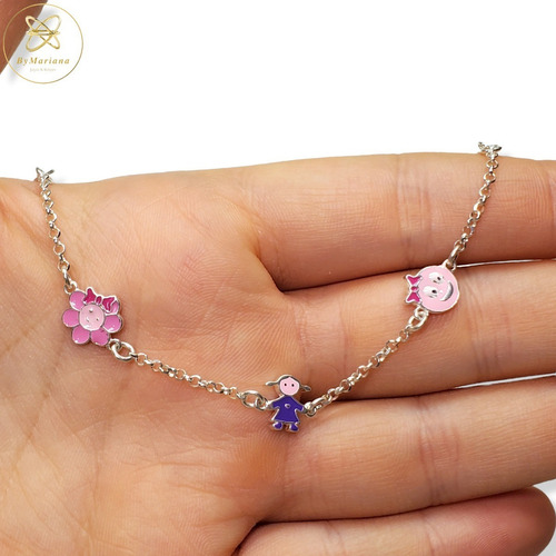 Imagen 4 de 6 de Pulsera Plata Con Dijes Para Nena Flor Y Carita