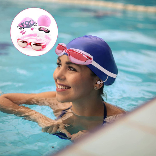Set Natación 5pz, Gogles+gorra+clip Nariz+tapones+bolsa Rosa