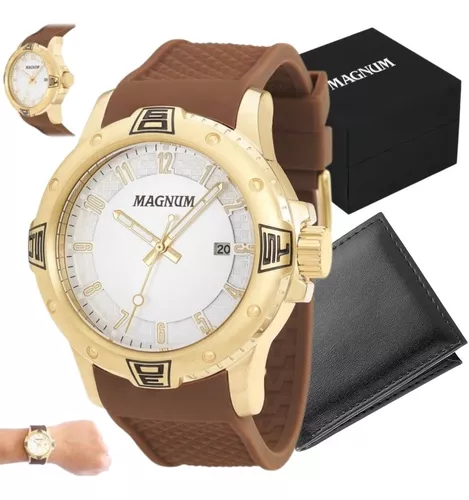 Relógio MAGNUM masculino dourado silicone marrom MA34414M - aconfianca