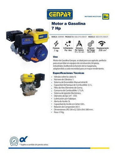 Imagen 2 de 3 de Motor A Gasolina 7hp 208cc Eje Std 3/4 3600 Rpm Genpar Drop