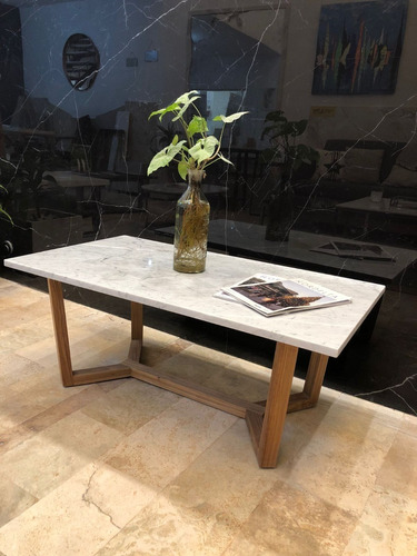 Mesa Living 100x55cm. Mármol Blanco Carrara Madera Petiribi