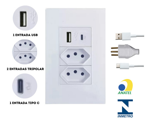 Tomada Dupla De Parede Usb Tipo C Bivolt Turbo