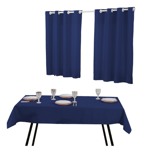 Kit Cortina Cozinha E Toalha De Mesa 6 Cadeiras Azul Royal