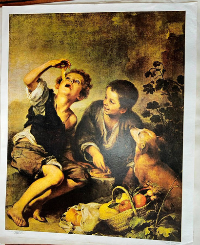 Antigua Pintura Oleo Litografia Bartolome Murillo Los Peces