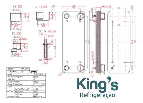 Trocador De Calor A Placas Brasado 30 Tr 191x616mm