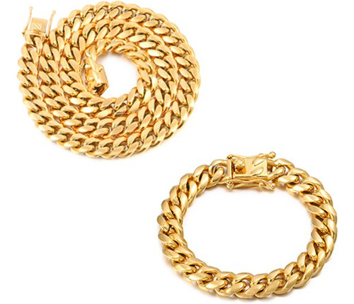 Collar De Cadena Cubana De Acero Hip Hop Para Homb Gold Set