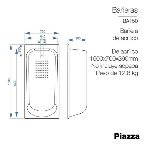 Bañera Piazza Esmaltada 150x70x36 Para Embutir Acrilico Color Blanco