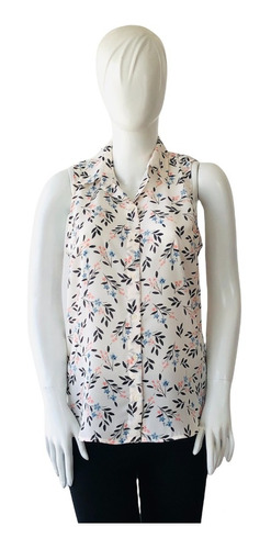 Banana Republic Blusa Manga Cero Small Blanca Floral Print