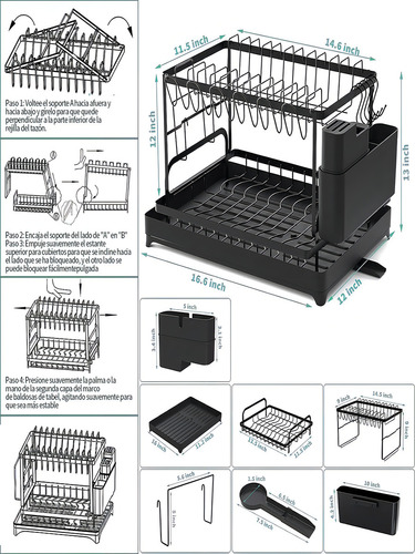 Yajotin Escurridor De Trastes 2 Niveles Acero Inoxidable 42x29x30cm - Organizador Multifuncional Plato/tupperware/cubiertos Con Bandeja Antigoteo, Ideal Para Cocinas Pequeñas (negro)