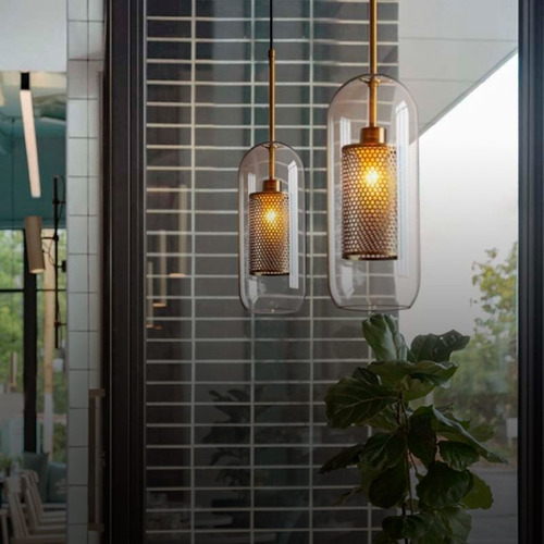 Lampara Colgante Ilios Innova 30 Cm Capsula De Cristal Con Jaula De Malla Color Dorado