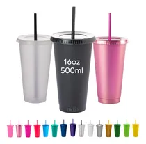 Comprar 120 Vasos Reusables Con Tapa Y Popote De 16oz - Vasos Fiesta