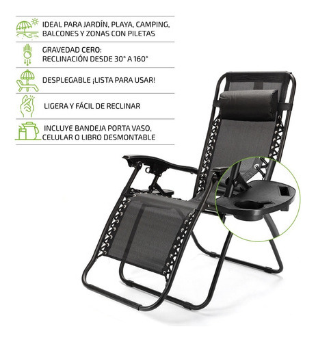 Cadeira de praia dobrável reforçada Reposera Zero Gravity - preta