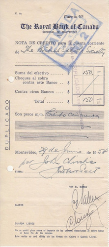 1954 Nota Credito Royal Bank Of Canada Sucursal Montevideo