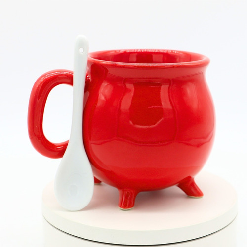 Caldero De Cerámica Color Rojo Con Cuchara - Taza Para Café