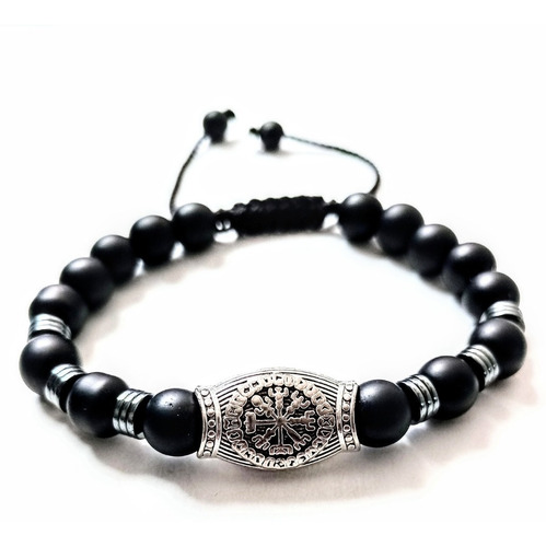 Pulsera Símbolo Vikingo Vegvísir Y Piedra Onix Mate