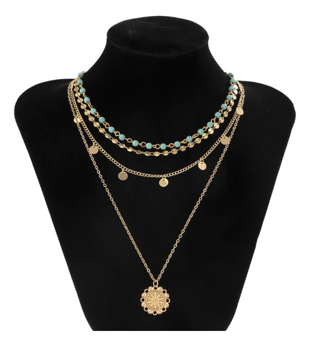 Collar Turquesa Y Dorado, Cuatro Cadenas Vintage Para Mujer