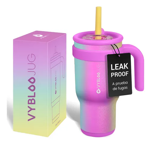 Copo Térmico Canudo 900ml Inox Com Tampa E Alça Para Água Arco-íris