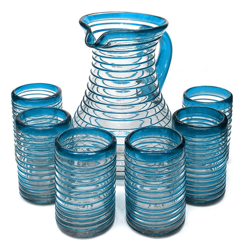 Set Jarra Pera 6 Vasos Agua Espiral Color - Vidrio Soplado