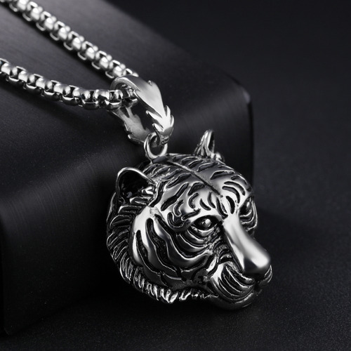 Imagen 2 de 4 de Collar Dije Cabeza De Tigre Acero Inoxidable Moda