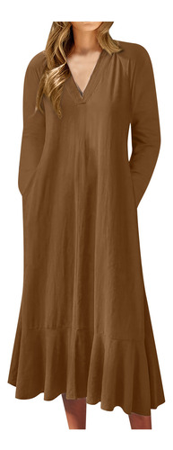 Vestido Liso De Manga Larga Con Cuello En V Para Mujer