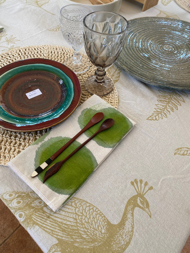 4 Servilletas 50x50cm De Tusor Estampadas A Mano Con Acuarel Natural Círculos Azules