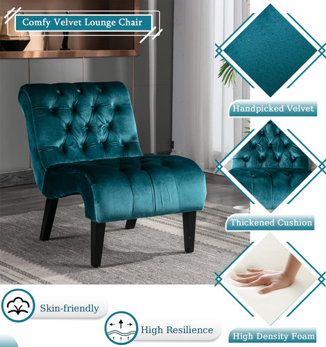 Silla Acento Confortable De Terciopelo Verde Agua Sin Brazos