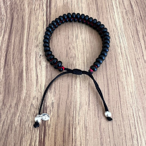 Pulsera Doble Tejida Bolitas Y Plata 925 Agálea Hombre Color Negro-rojo Diámetro 5 Cm Largo 16