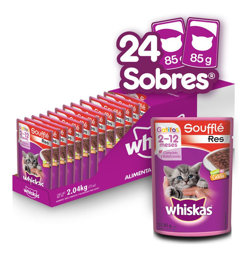 Imagen 1 de 5 de Whiskas, Alimento Gatitos,soufflé De Res, 24 Uds 85g C/u