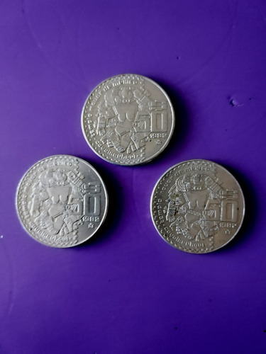 Lote De 3 Monedas 50 Viejos Pesos Luna Coyolxauhqui 