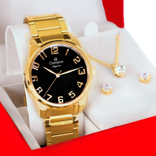 Relógio Champion Feminino Elegance Dourado Fundo Preto Cor Da Correia Dourado 2