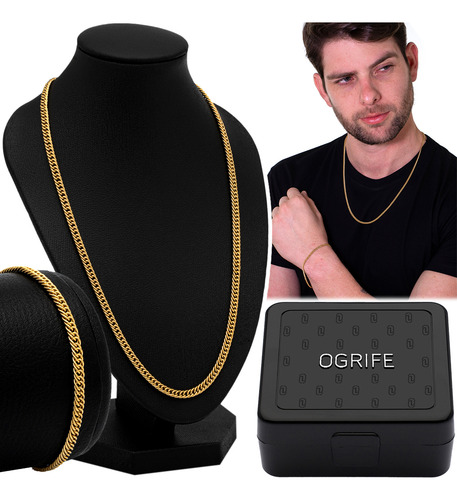 Conjunto Cordão Masculino Grume 2.8mm Fino Cj-172 Aço Ouro Cor Dourado