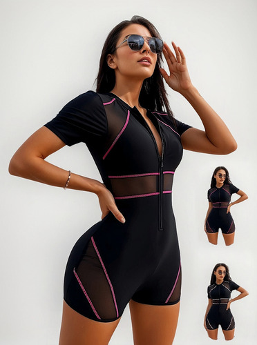 Nm Traje De Baño Una Pieza Manga Corta Negro Bikini Con